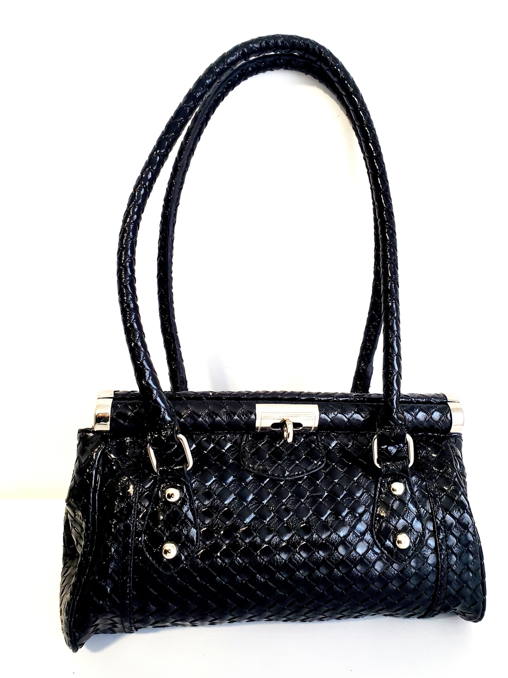 BACI Italian Leather Vintage Black Woven Leather Shoulder Bag